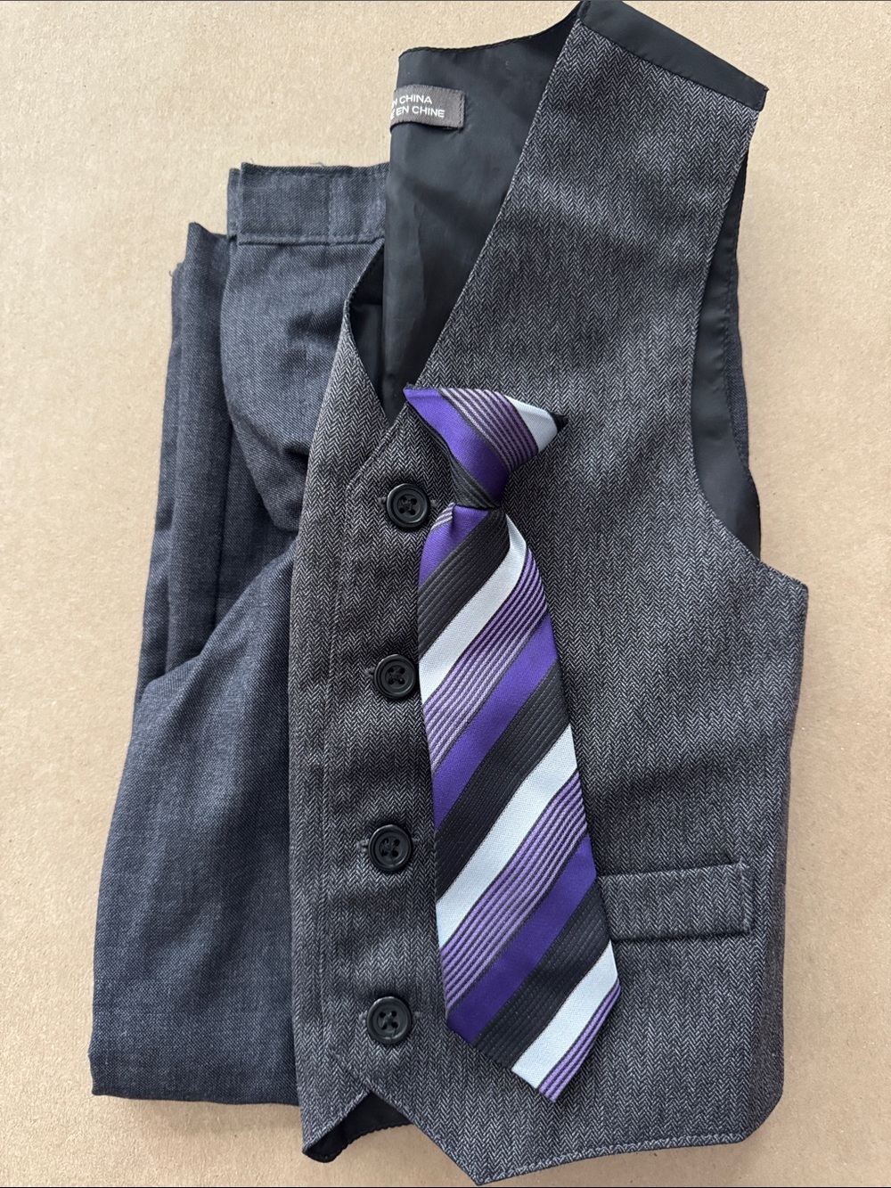 Kenneth Cole Reaction Boys' Charcoal Gray Vest & Pants Set with clip on tie